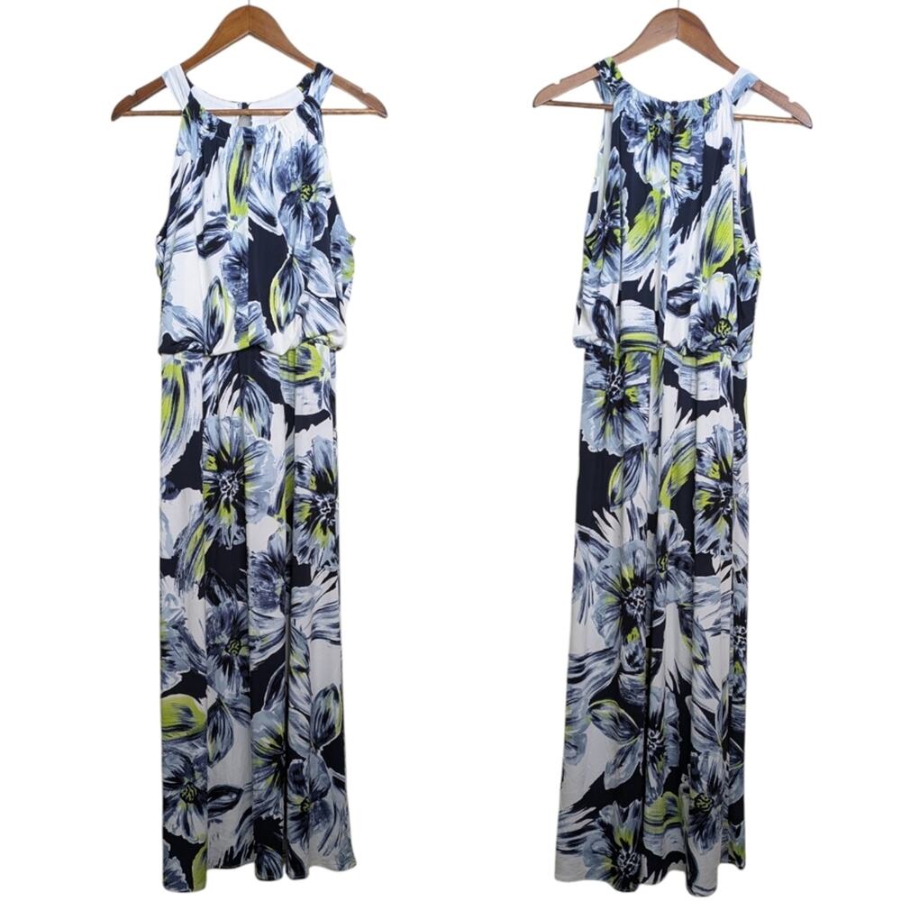 NEW Chico’s Floral Maxi Dress Small Keyhole Tropical Resort Vacation Blue
